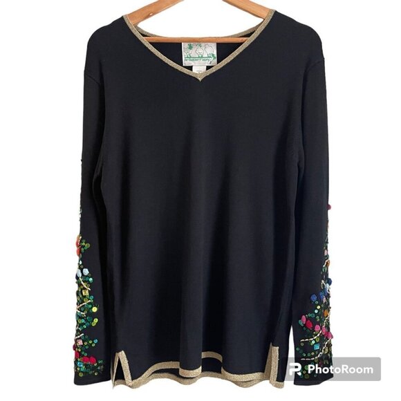 Quacker Factory Women Black Tunic Top Sz S Holiday Christmas Party Sequins Beads - Picture 1 of 11